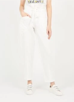 ONE STEP Pantalon Carotte Taille Haute En Coton Mélangé | Blanc
