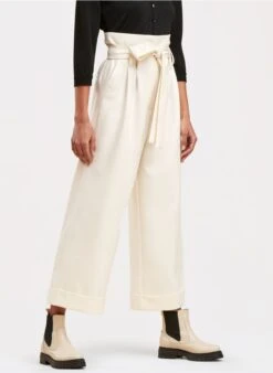 Pantalon Large Taille Haute Ceinturé | Blanc