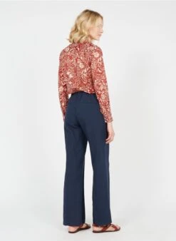 Pantalon Large Taille Haute En Coton Et Lin | Bleu -Sandro Geschaft 3637807