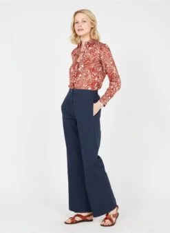 Pantalon Large Taille Haute En Coton Et Lin | Bleu -Sandro Geschaft 3637808