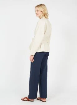 Pantalon Large Taille Haute En Coton Et Lin | Bleu -Sandro Geschaft 3637813