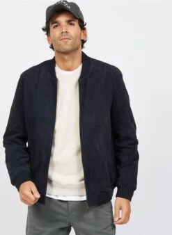 Blouson Col Rond Regular Fit En Cuir | Bleu -Sandro Geschaft 3839323